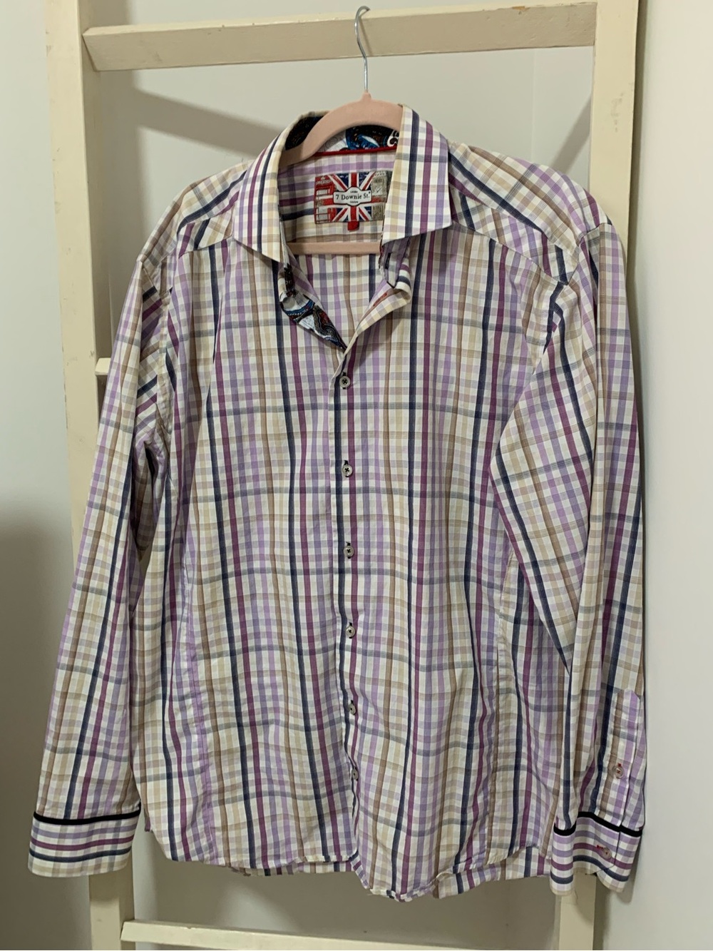 Men's Checked Dress Shirt in Purple and White Plaid